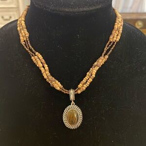 Vintage Avon Brown Seed Beaded Pendant Choker Collar Statement Necklace